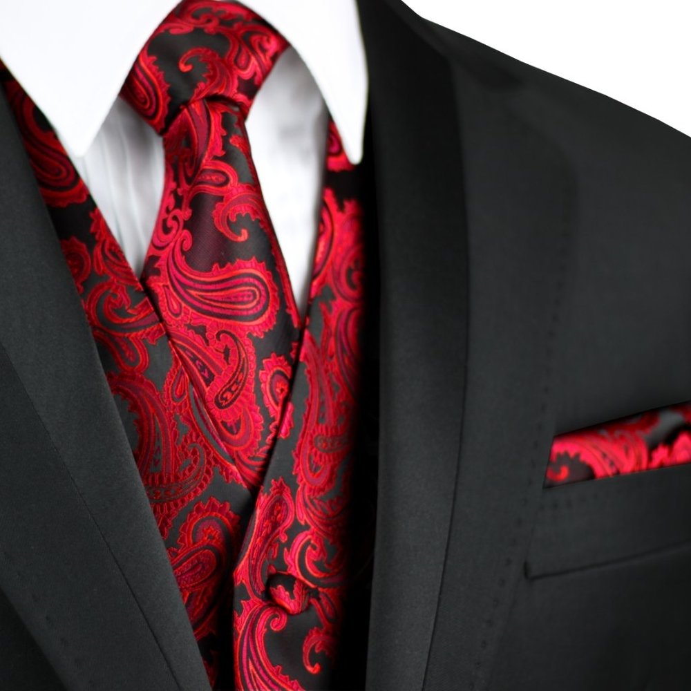 Men's Formal Wedding Prom Homecoming Tuxedo Vest Tie Hankie set - Apple Paisley